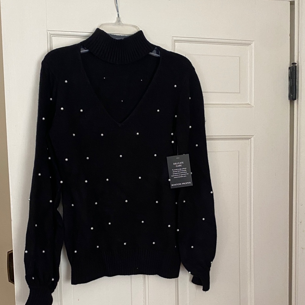 Boston Proper Black V-Neck Sweater with White Dots